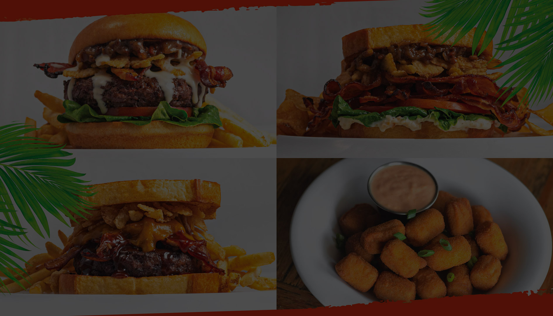 Grid of 4 imags: Pictures of burgers, sandwiches, and tater tots